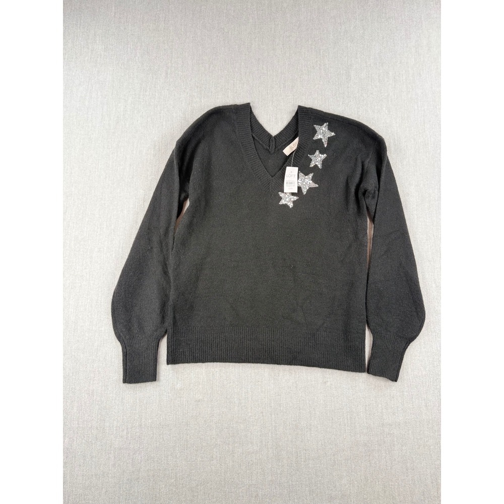 LOFT Womens Black Sequin Star V-Neck Sweater Size XXS NWT Holiday Sparkle